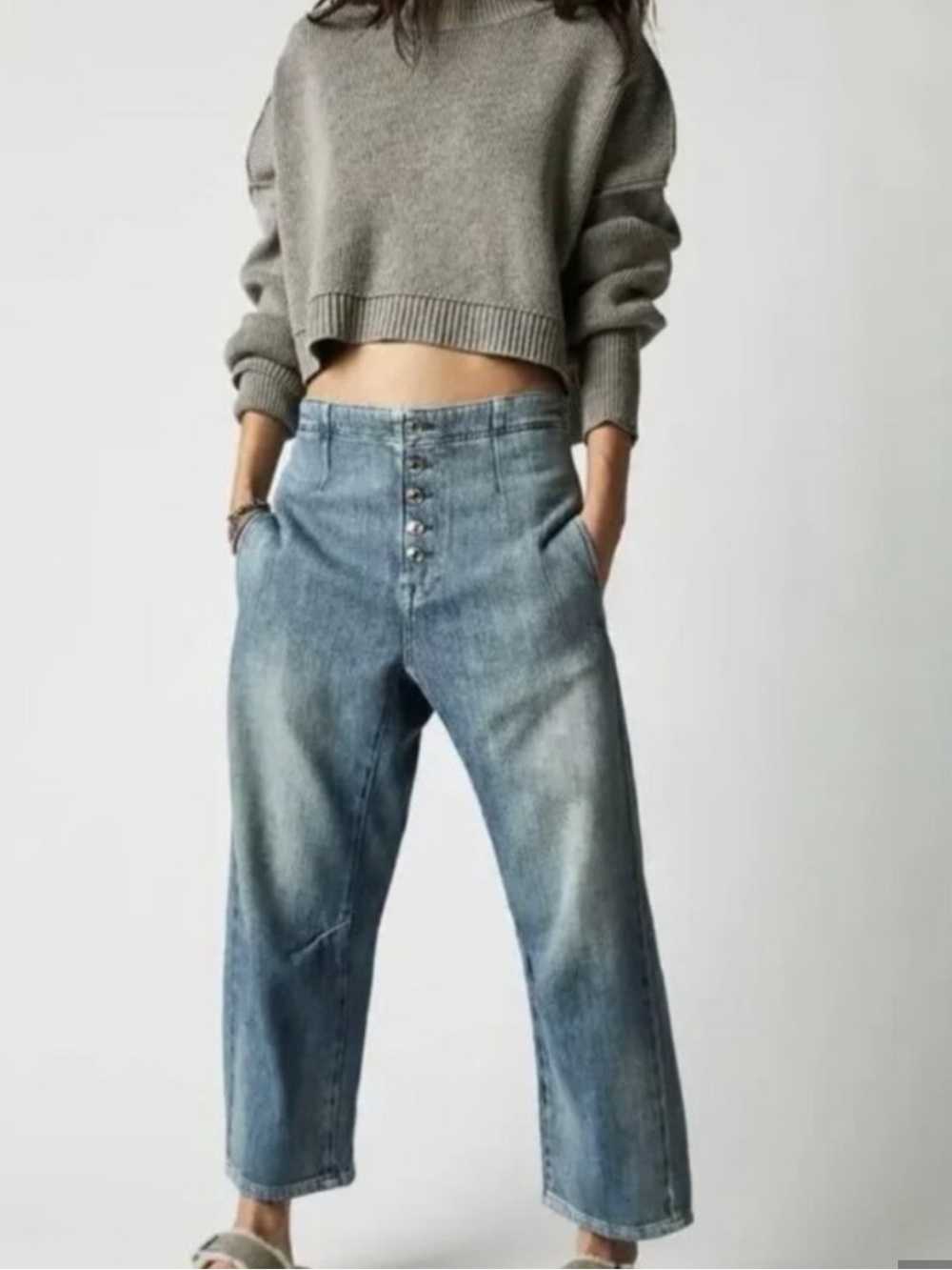 Free People We The Free Osaka Mid-Rise Cropped Barrel Jeans 26 Light Blue Boho